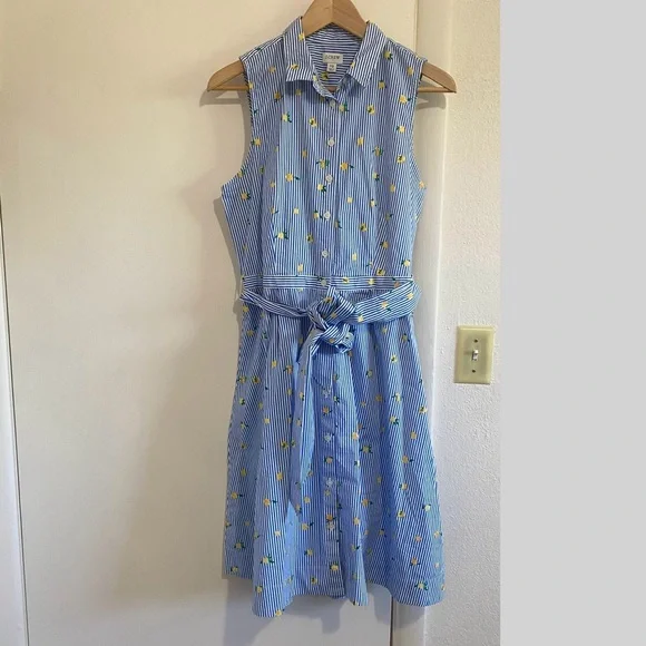 J.Crew Lemon Print Shirt Dress Blue Striped Sleeveless Belted Summer Size 10 - Picture 2 of 10